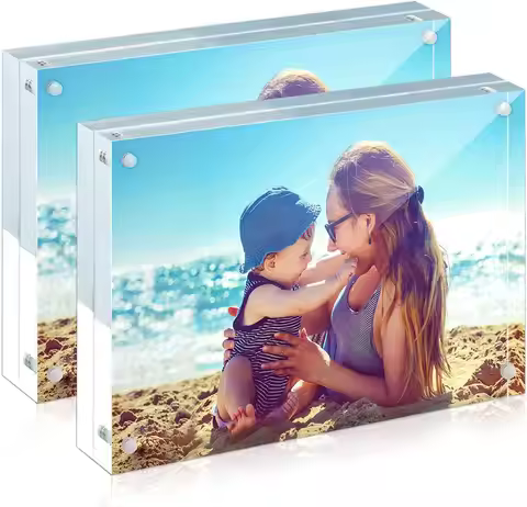 2 Pack 6x8 Clear Acrylic Picture Frames, 24mm Thick Double Sided Magnetic Display, Free Standing Des