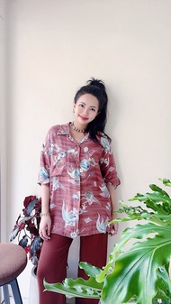 灰藕粉椰子釦 絲質薄料夏威夷襯衫上衣罩衫shirt vintage 古著