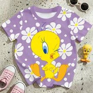 1pc Young Girl Casual Cute Cartoon Tweety Bird & Floral Print Round Neck Short Sleeve T-Shirt, New S