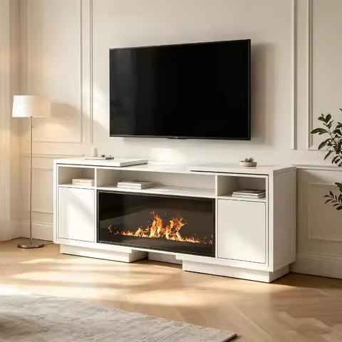 TV stand for 43-65 inch TVs, adjustable width 62.6-80 inches, white MDF, scratch-resistant finish