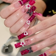 Rose Red French Tip Glue on Nails 3D Press ons Gothic Gyaru Acrylic Nails for DIY Nail Design Art Sa