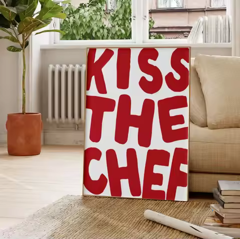 1pc Frameless "Kiss Chef" Playful Canvas Art Print-bold Red and White, Frameless Wall Decoration for