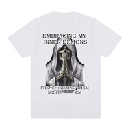 Embracing My Inner Demons French Kissing Them Might Em Funny Skeleton Meme Graphic T Shirt Men Women