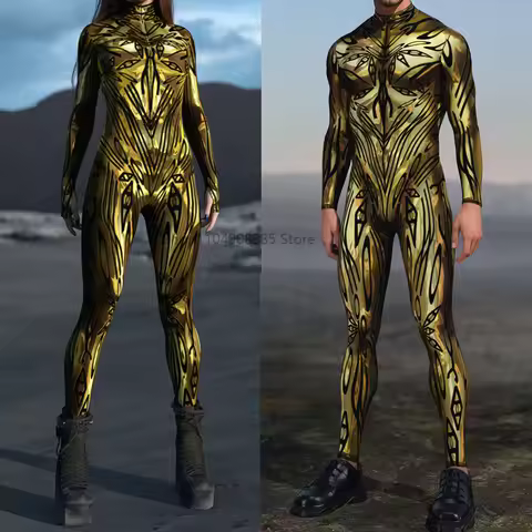 Corrupted Gold Costume Cyber 3D Printed Cosplay Costume Front Zipper Multicolour Zentai Bodysuit Hal