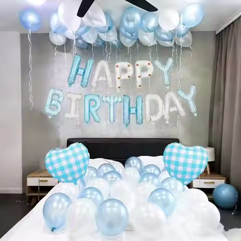 Blue Birthday Balloon Set Printed Happy Birthday Letter Balloon Blue Checkered Love Balloon for Birt