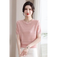 Knitted Top 针织上衣   薄款镂空冰丝针织短袖t恤女夏季2024新款小个子短款上衣洋气小衫