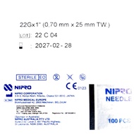 NIPRO MEDICAL NEEDLE 22G x 1 INCH (25mm) 100'S Expiry 2028