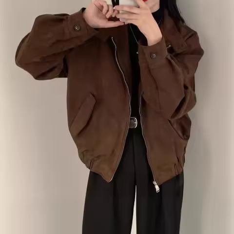 American Retro Suede Jacket Women's Spring Autumn Korean Fashion Small Size High-End Feel Biker Jack