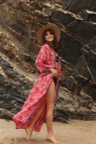Beach Cover Ups Vintage Kimono Pareo Flower Printed Women Swimsuit Coverups with Belt Summer Holiday