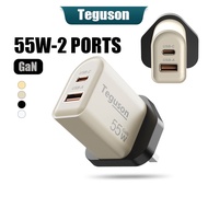 Teguson 55W GaN Charger USB-C/USB-A 2 Ports Charger PD Fast Charging Type C Power Adapter for iPhone