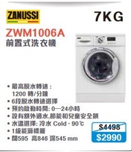 100% New with invoice ZANUSSI 金章 ZWM1006A 前置式洗衣機 (7公斤,1200 轉/分鐘)