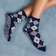 MoveActive Pilates Socks - Crew Grip Socks - Argyle Navy Blue Grey Preppy - Move Active
