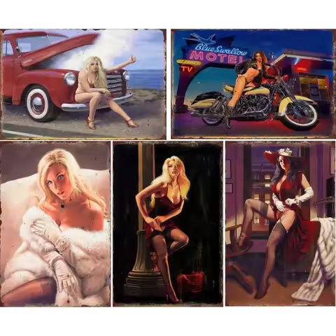 1pc Retro Beauty Poster Metal Signage Sofa Background Aesthetic Wall Decoration Plaque Room Decorati