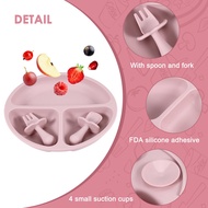 (EXPT) Silicone Baby Tableware with Suction Cup Toddler Plate and Portable Fork Spoon Kids Food Bowl