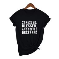 STRESSED BLESSED AND COFFEE OBSESSED Fashion Tshirt Women Tops Tee Shirts Fashion Tumblr Quotes Tshi