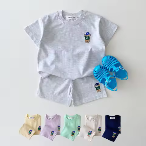 Summer Korea Style Baby Boys Girls Clothes Set Embroidered Bear Badge Tees T shirts+Loose Shorts Inf