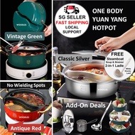 [SG Stock] WOODLES 304-Stainless Steel Yuan Yang Non-Stick One-Body Steamboat Hotpot (30cm) Induction Dual Pot Glass Lid