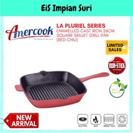 (Ready Stock) (AC-826R) Amercook La Pluriel 26cm Red Enamelled Iron Cast Square Skillet Grill Pan - 