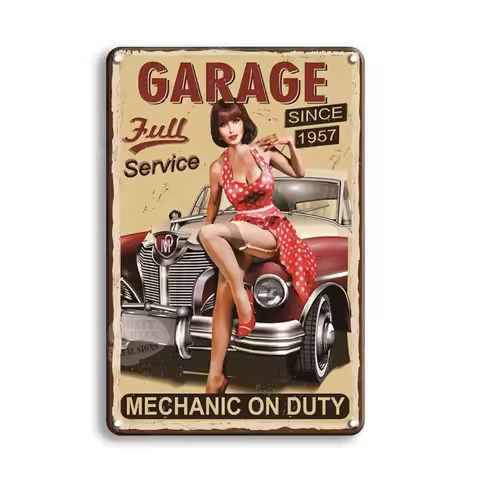 Vintage 1950s Pinup Girl Mechanic Metal Tin Sign 30x20cm - Classic Auto Garage Wall Art, Rusty Man C