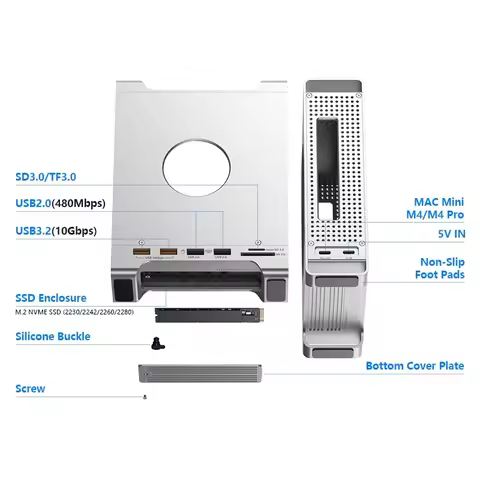 Multifunction USB C Hub Aluminum Stand Docking Station for 2024 MAC Mini M4/M4 pro with 10Gbps NVME 