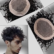 Curly Fine Mono Human Hair Mens Toupee Hairpiece Poly Skin Around Hair System Durable NPU Monofilame