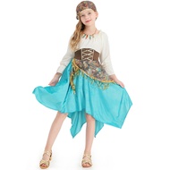 Kids Gypsy Girl Dance Costume Sky Blue Flamenco Dress with Sequins and Tie-up Details for Performanc
