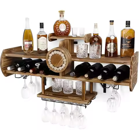 Wine Rack Wall Mounted Wood,Shelf with Bottle Stemware Glass Holder Rustic, Airplane Shape Multi Fun