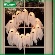 Halloween Ghost Wreath 12 Little Light-up White Ghost Wreath Front Door Hanging Decoration for Holid