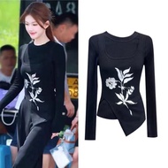 Xu Me Dazzling Black Floral Split Camisole Knit Sweater Top - Autumn