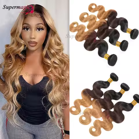 26Inch 1B/4/27 Ombre Color Body Wave Human Hair Bundles 1/3/4 Bundles Double Weft Hair Extensions Fu