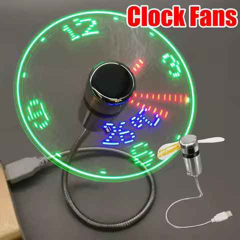 Clock Fans Time Temperature Display Metal Mini Fan USB Powered LED Clock Fan Flexible Gooseneck LED 