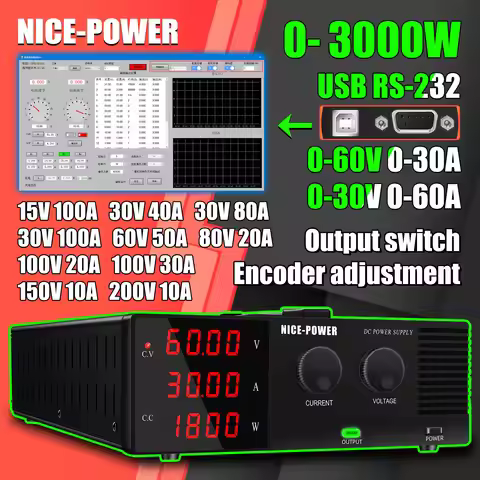 NICE-POWER 60V30A Adjustable DC Power Supply 30V60A 3000W High Power Lab Bench Source 100A 100V200V 