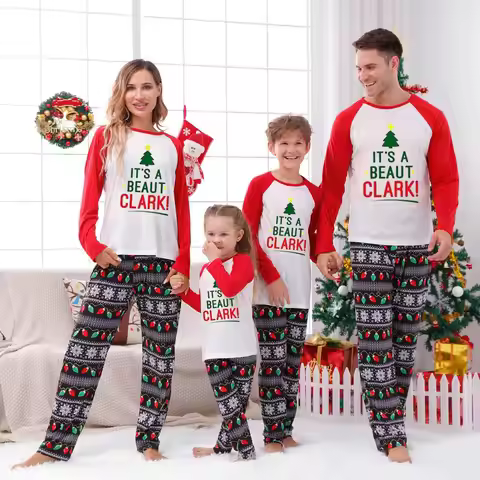 Letter Plaid Print Matching Christmas Family Pajamas Set, Full Sleeve O Neck Pyjamas Set Loose 2 Pie