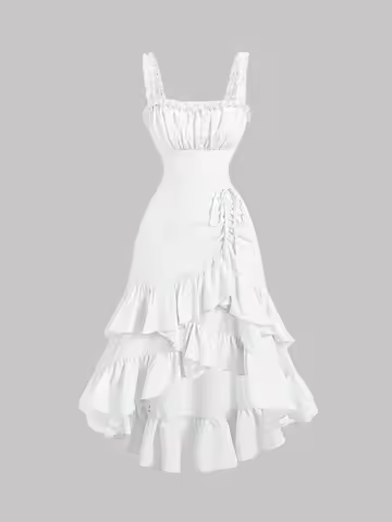 SHEIN MOD Pink And White Floral Romantic Retro Ruffle Women's Dress, Elegant Dress, Tea Party Dress,