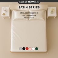 Breathable Soft Plain Cool Silk Satin Fitted Bedsheet Cover Sarung Cadar Single Queen King Bed Sheet