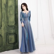 晚禮服裙女宴會氣質輕奢小衆輕奢感感長袖法式晚宴藍色主持人
