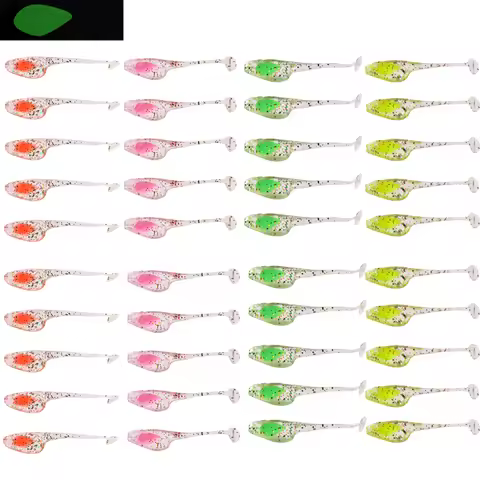 40Pcs Paddle T-Tail Shad Fishing Lure Luminous Rubber Artificial bait 5cm 0.8g Soft lure for jig hoo