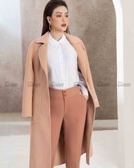 [FREESHIP 0Đ] Áo dạ lông cừu be cổ K dáng dài ôm eo túi ốp Toson 99386E81