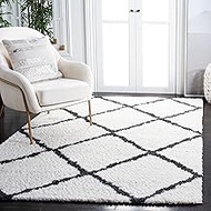 SAFAVIEH August Shag Collection Area Rug - 9' x 12', Ivory & Black, Trellis Design, Non-Shedding & E