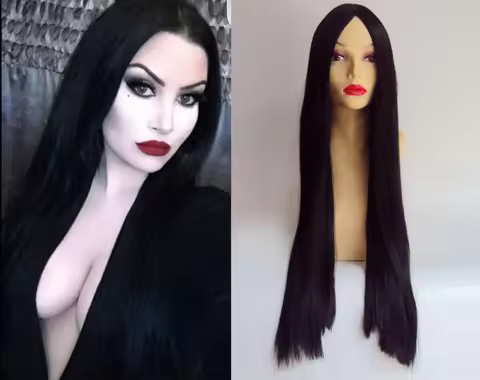 DELUXE MORTICIA ADDAMS FAMILY LONG BLACK STRAIGHT HALLOWEEN COSTUME WIG GOTHIC