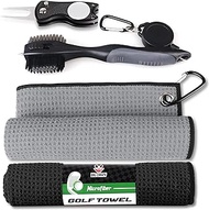 Big Crazy Golf Towel Microfiber Waffle Pattern Golf Towels, Golf Towel Set Including Golf Club Brush Groove Cleaner and Divot Repair Tool, Golf Towels for Golf Bags for Men Black &amp; Gray