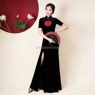 Women Vintage Party Evening Velvet Dress Traditional Vietnam Aodai Cheongsam
