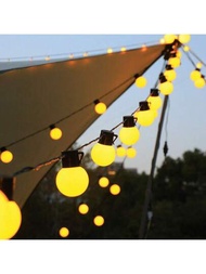 一組LED燈泡燈串，G50燈泡燈，白色塑料球燈泡燈，適用於戶外野營，野餐，帳篷裝飾，環境照明，婚禮裝飾，5米長燈串，配有20個燈頭，使用3節AA電池盒和USB雙用款式（不包括電池），以及5米長的燈串，配有20個燈頭，使用太陽能供電方式（包括兩件配件）; 10米長燈串，配有40個燈頭，使用3節AA電池盒和USB雙用風格（不包括電池），以及10米長的燈串，配有40個燈頭，使用太陽能供電風格（包括兩件配件）;球燈泡尺寸5cm。