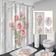 1/3/4pcs Pink Rose Embossed Bathroom Curtain Set, Romantic Luxury Style Shower Curtain, Waterproof &