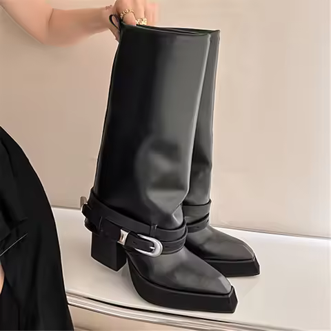 Genuine Leather Pointed Toe Knigh Boots Women Thick Bottom Platform Belt Buckle Punk Style Motorcycl