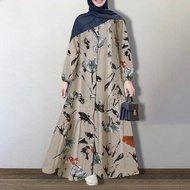 ชุดเดรสยาวลายดอกไม้สำหรับผู้หญิงชุดเดรสแฟชั่นแขนยาวทรงหลวมฝ้ายลินินเสื้อผ้าผู้หญิงมุสลิม