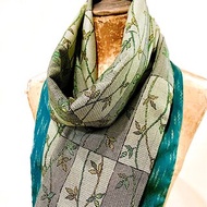 純手作稀有綠色蔓藤圖騰織紋絲質油畫感古董布圍巾披肩