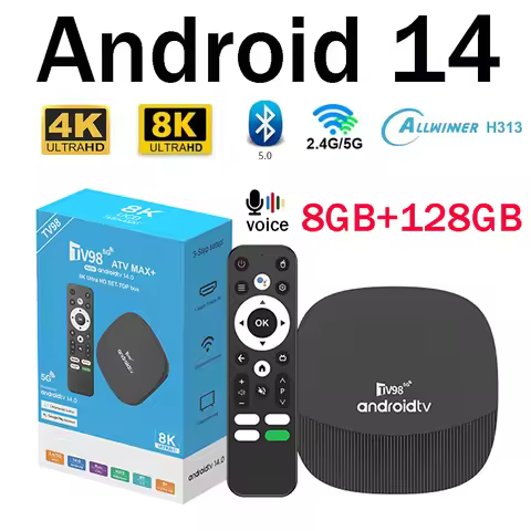 TV98 ATV Max Plus TV Box 8K 4K Android 14 Set Top Box 4G 5G 8GB 128GB Voice Remote WiFi Media Player