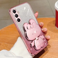 Phone Back Case For Samsung Galaxy M34 Glitter Makeup Mirror Rabbit Folding Stand Soft Silicone Sams