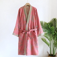 Pure Cotton Sleep Robe Womens Double Layer Cloth Embroidery Bath Robe Spring Autumn Thin Japanese Ki